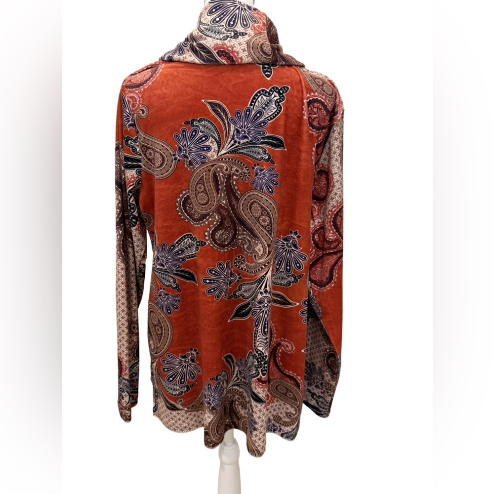 Leo & Nicole Rust Orange and Blue Paisley Cowl Neck Sweater. Large - Picture 2 of 8